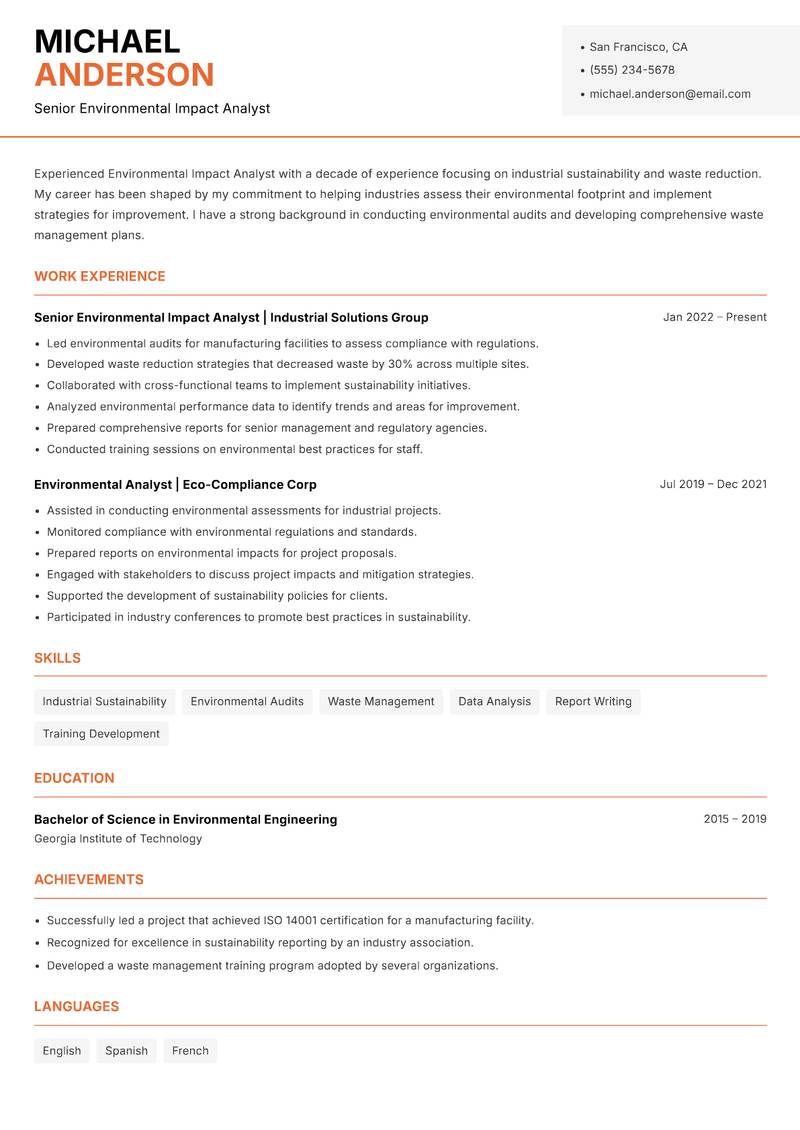 Environmental Impact Analyst resume template — Modern Professional