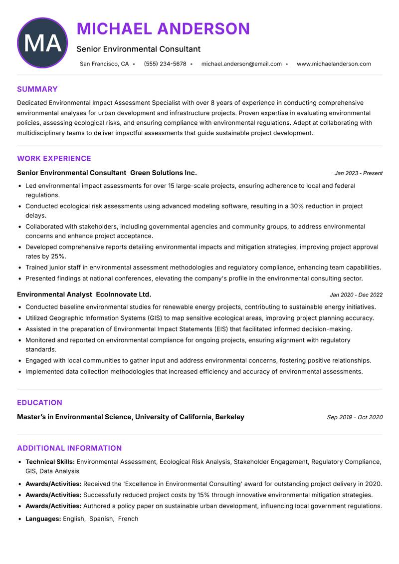 Environmental Impact Assessment Specialist resume example — ATS-friendly template