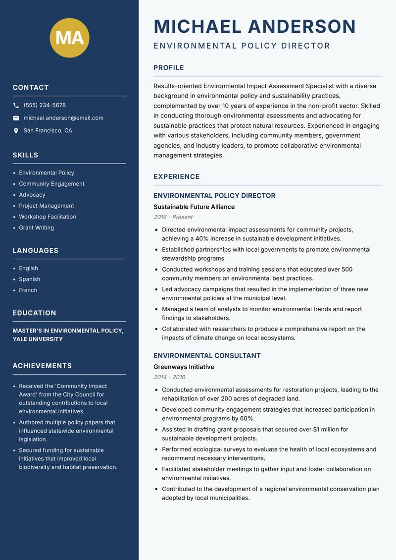 Environmental Impact Assessment Specialist resume template — Classic Clean