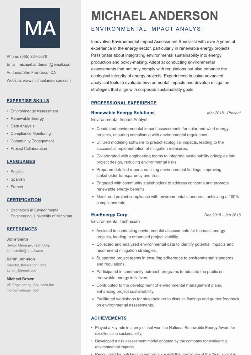 Environmental Impact Assessment Specialist resume template — Creative Minimal