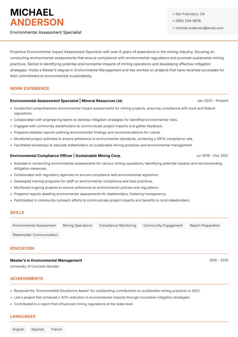 Environmental Impact Assessment Specialist resume template — Modern Professional