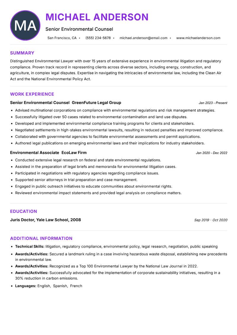 Environmental Lawyer resume example — ATS-friendly template
