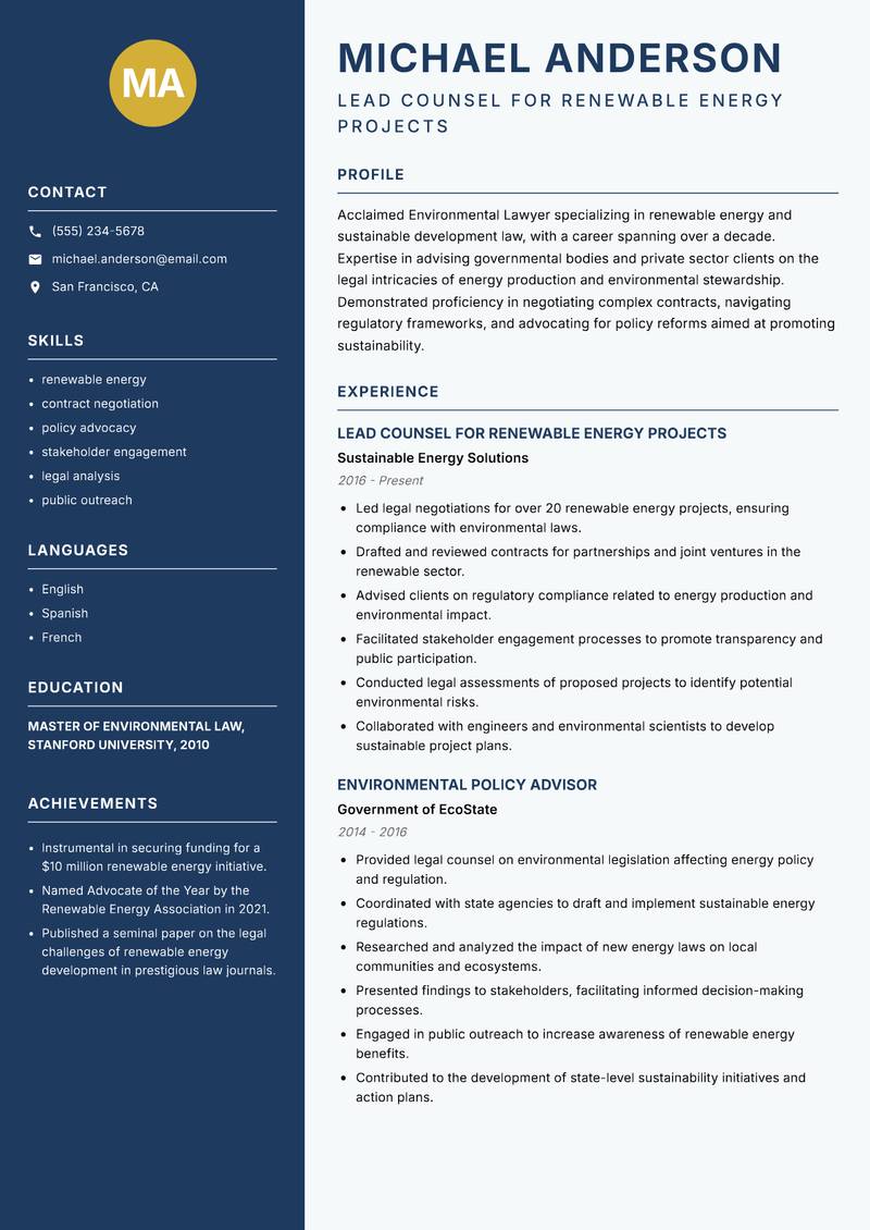 Environmental Lawyer resume template — Classic Clean