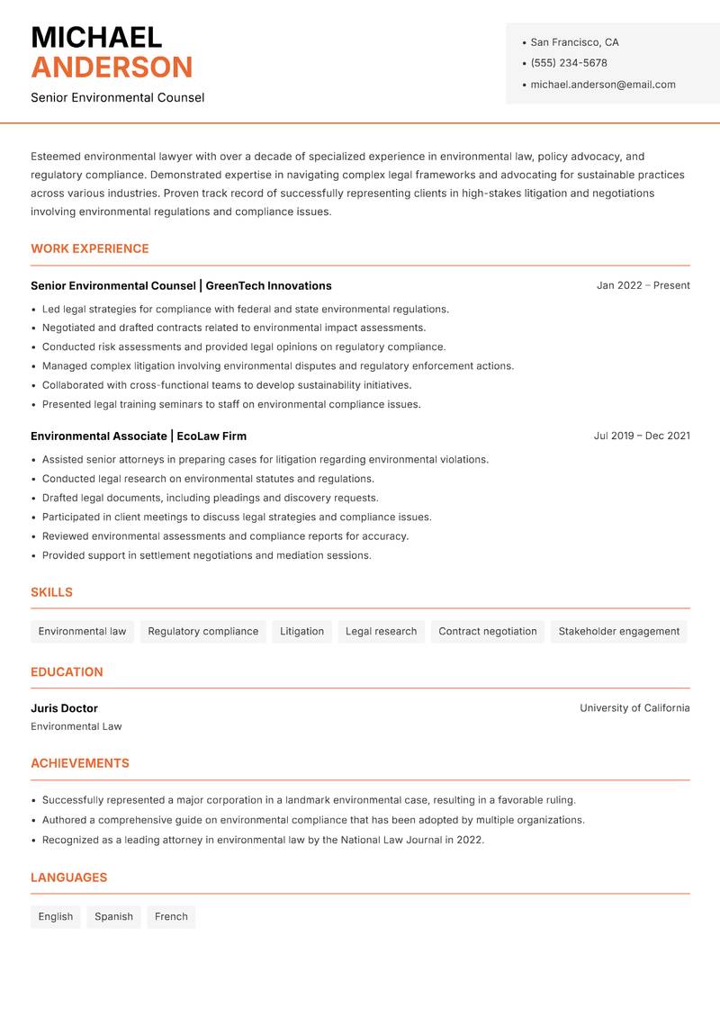 Environmental Lawyer resume template — Modern Professional