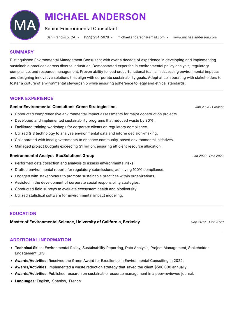Environmental Management Consultant resume example — ATS-friendly template