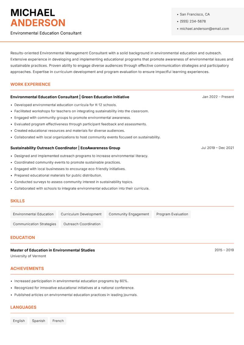 Environmental Management Consultant resume template — Modern Professional