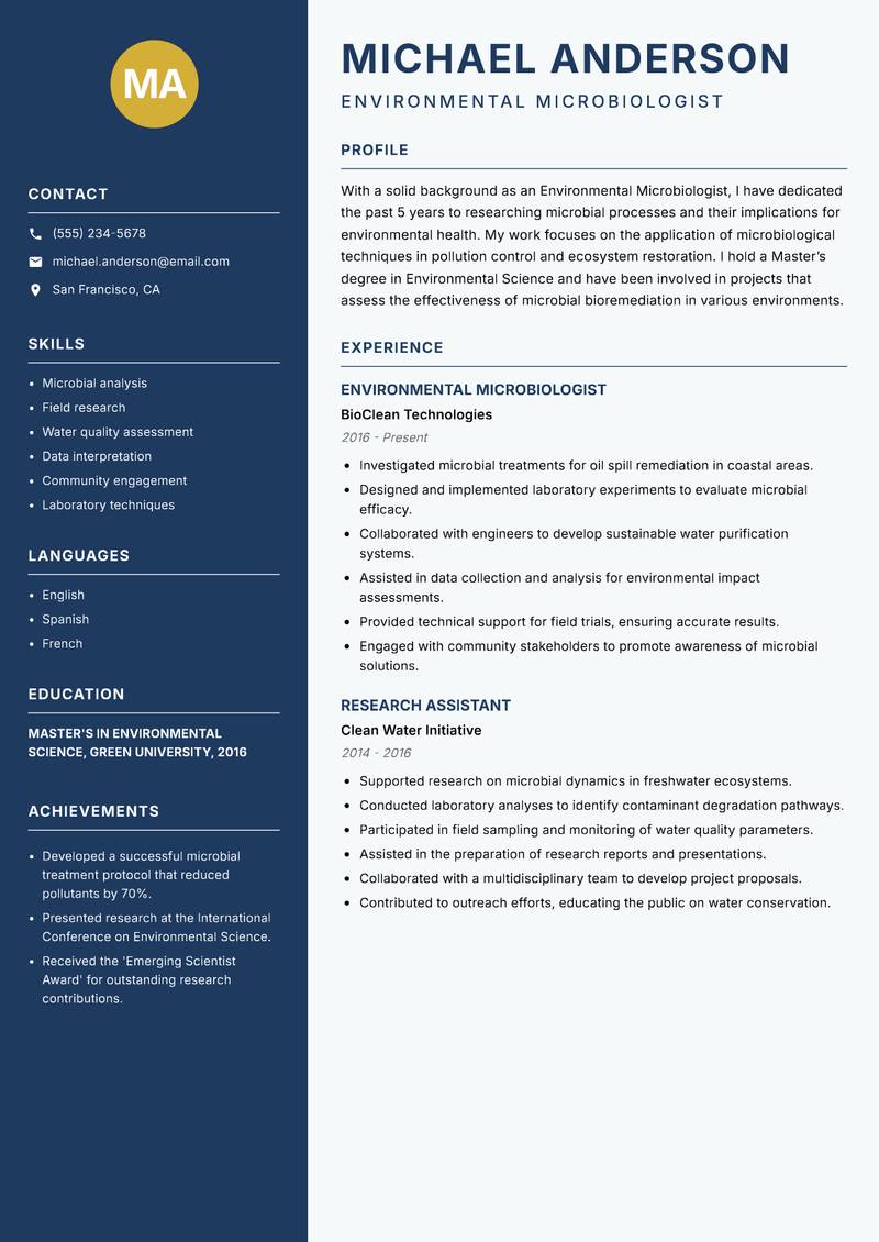 Environmental Microbiologist resume template — Classic Clean