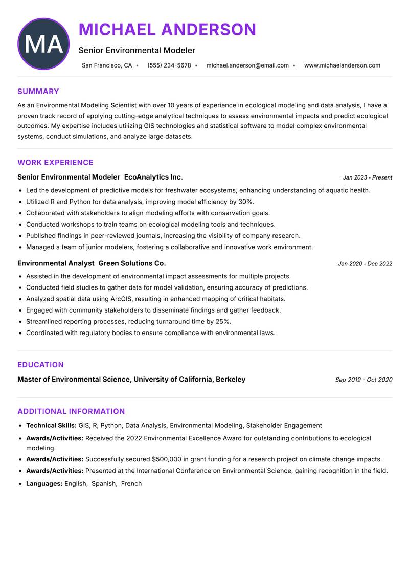 Environmental Modeling Scientist resume example — ATS-friendly template