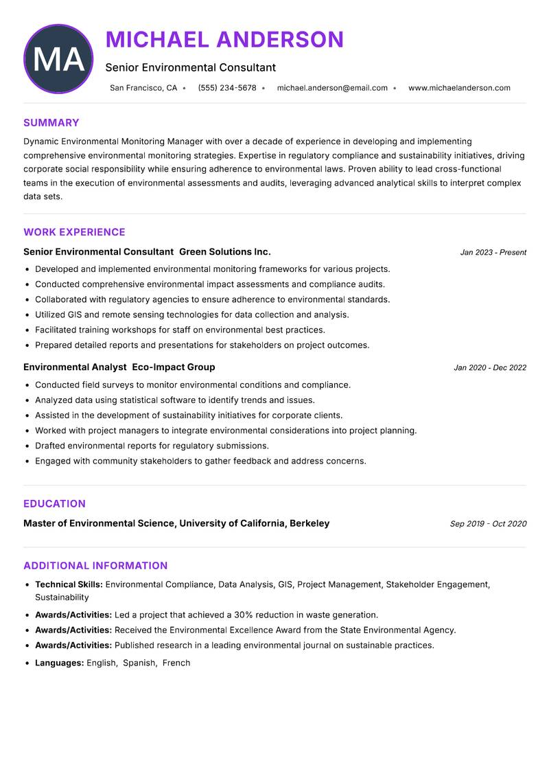 Environmental Monitoring Manager resume example — ATS-friendly template