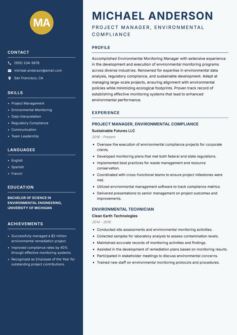 Environmental Monitoring Manager resume template — Classic Clean