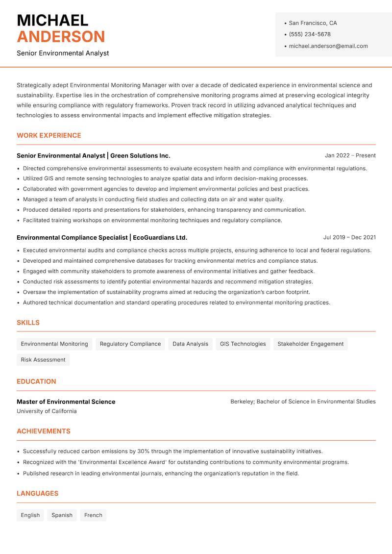 Environmental Monitoring Manager resume template — Modern Professional