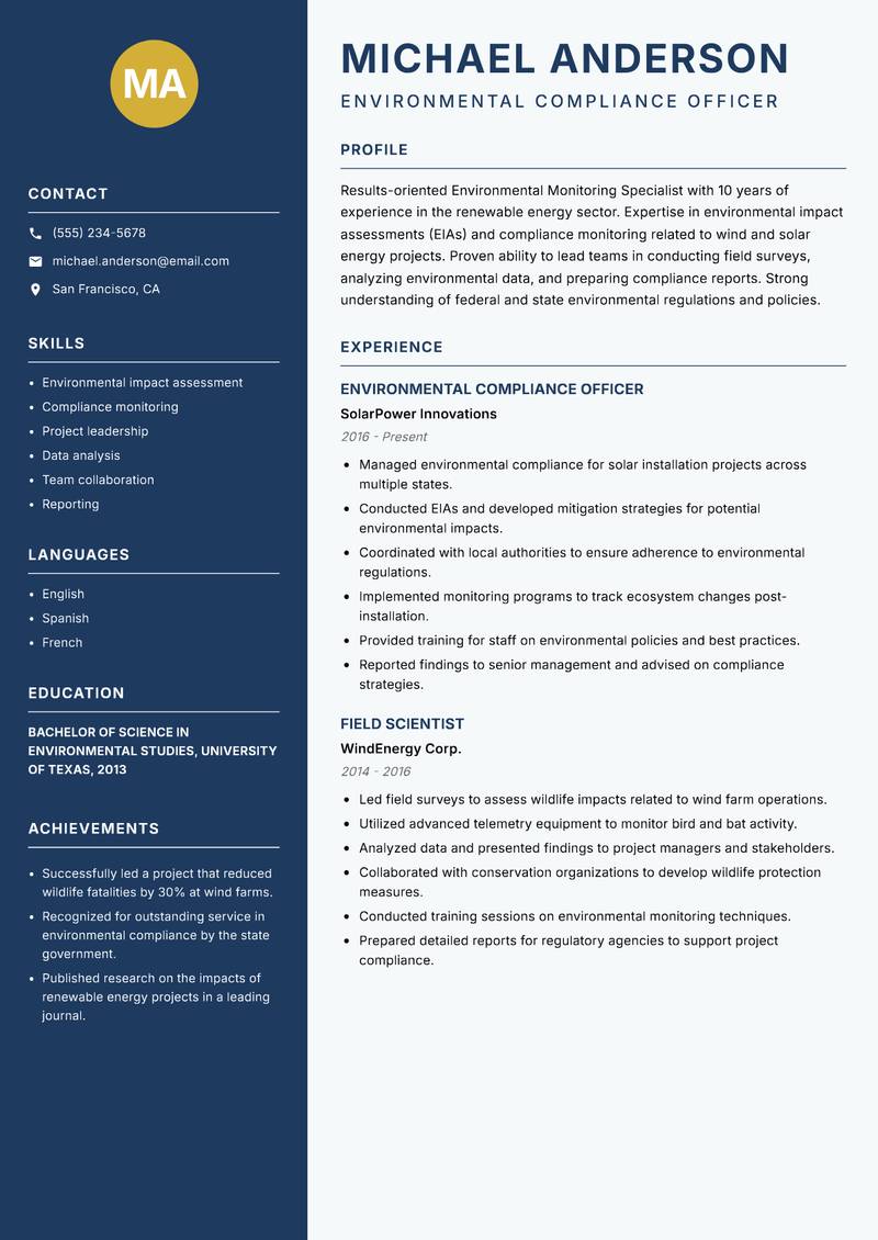 Environmental Monitoring Specialist resume template — Classic Clean