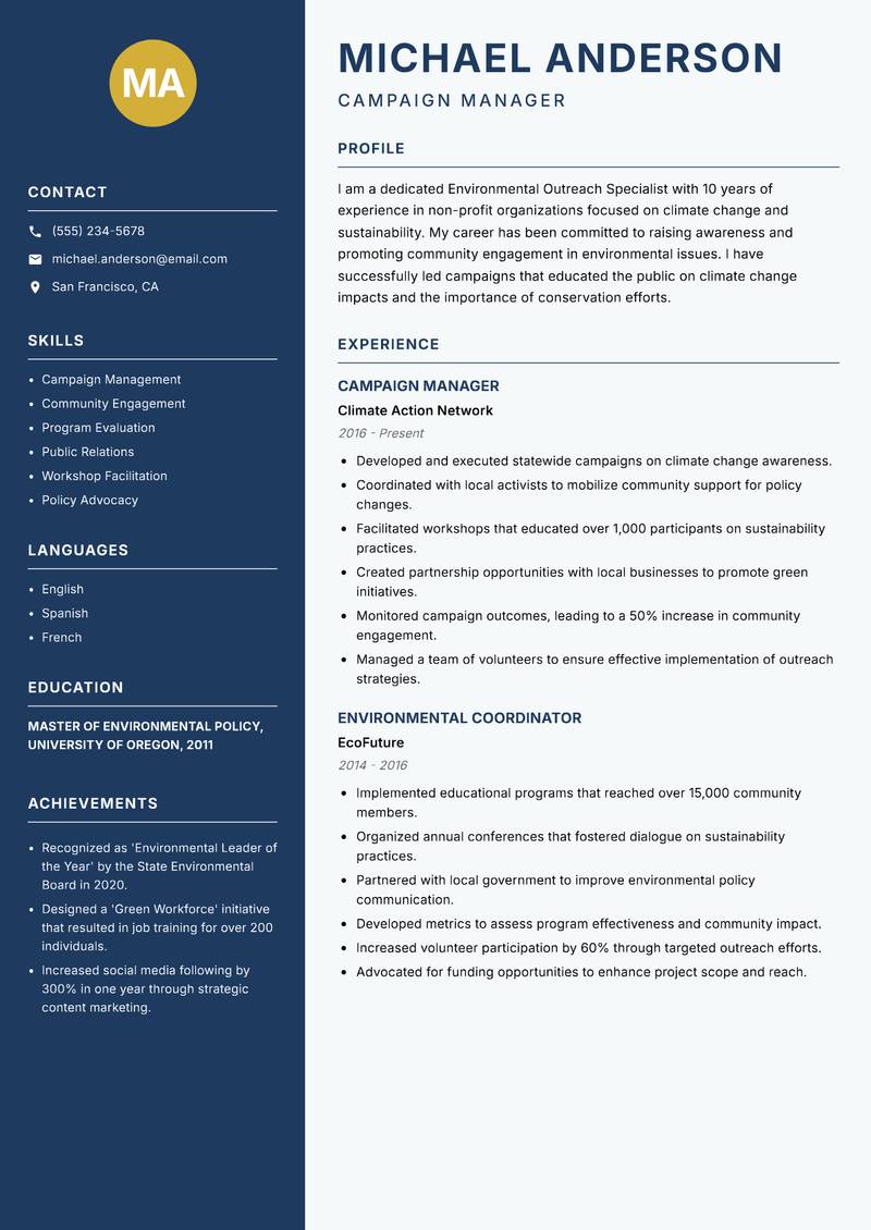 Environmental Outreach Specialist resume template — Classic Clean