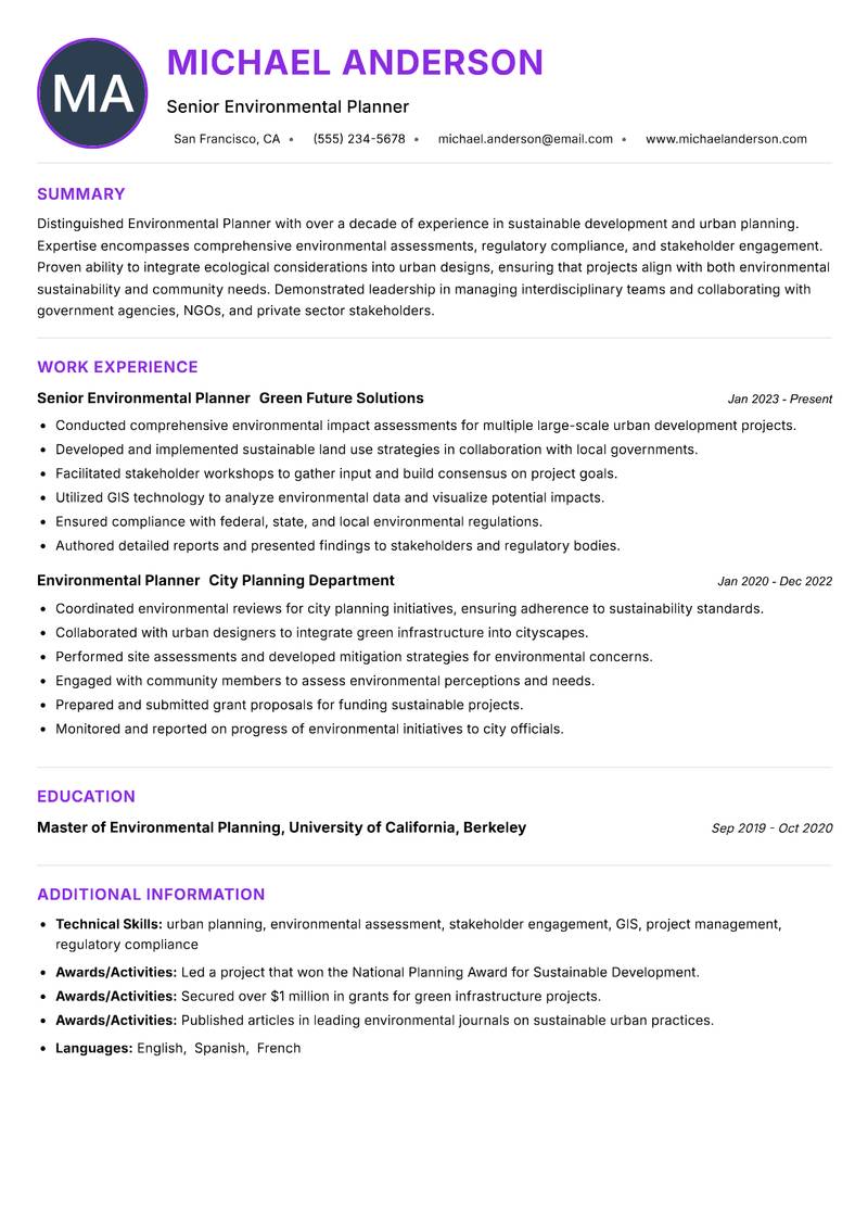 Environmental Planner resume example — ATS-friendly template
