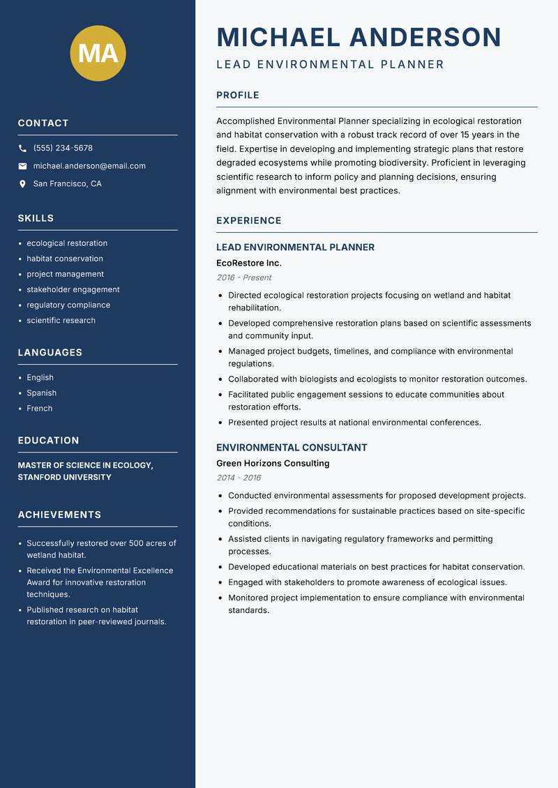Environmental Planner resume template — Classic Clean