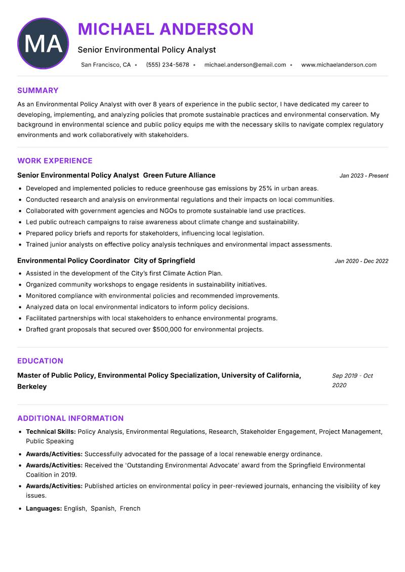 Environmental Policy Analyst resume example — ATS-friendly template