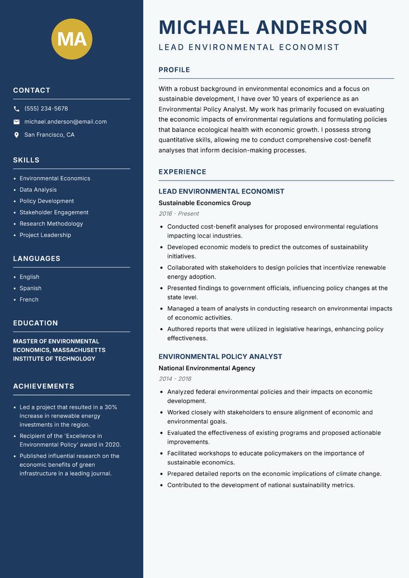 Environmental Policy Analyst resume template — Classic Clean