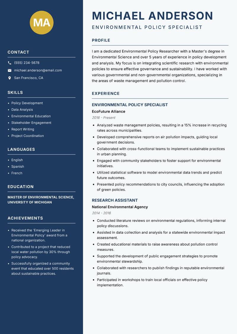Environmental Policy Researcher resume template — Classic Clean