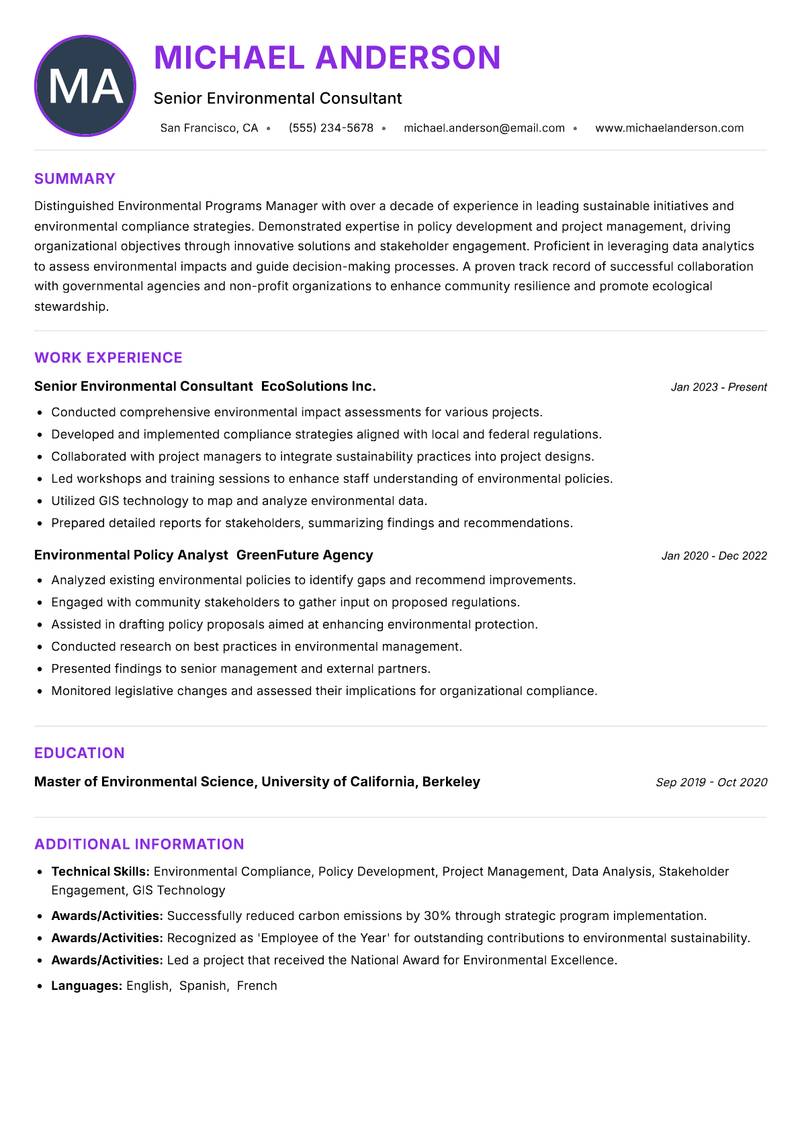 Environmental Programs Manager resume example — ATS-friendly template
