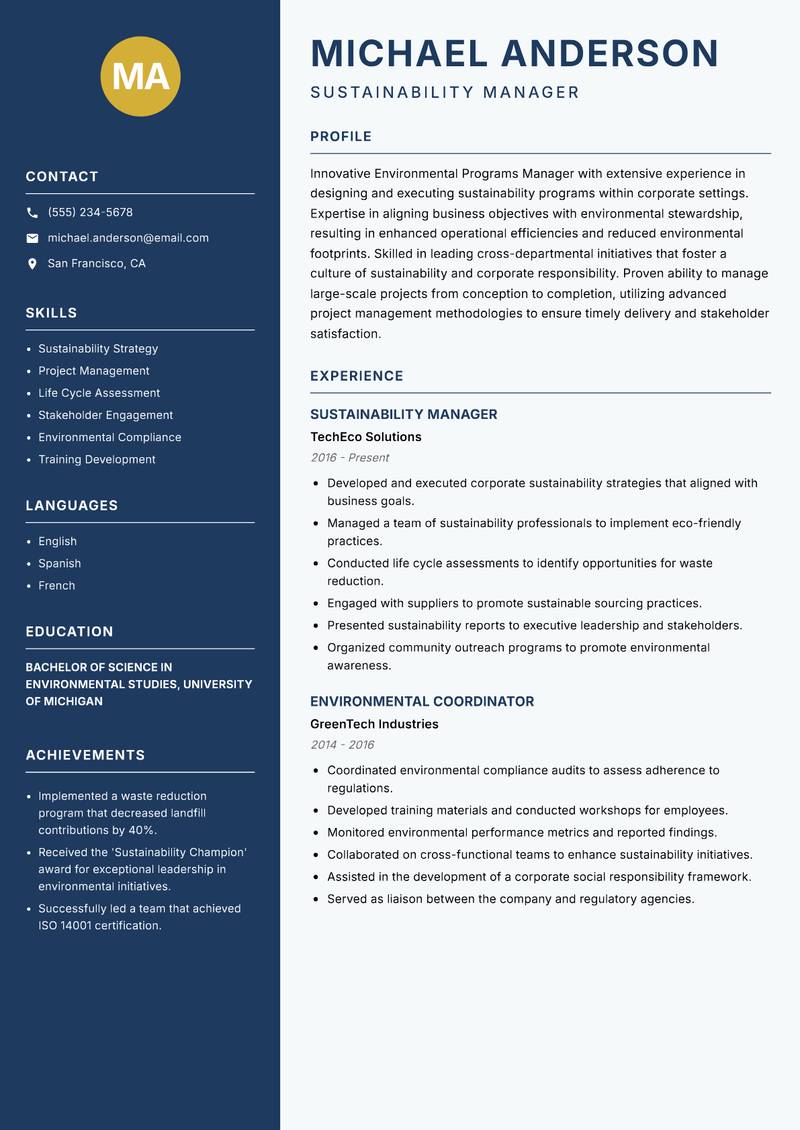 Environmental Programs Manager resume template — Classic Clean
