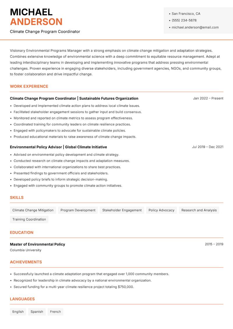 Environmental Programs Manager resume template — Modern Professional
