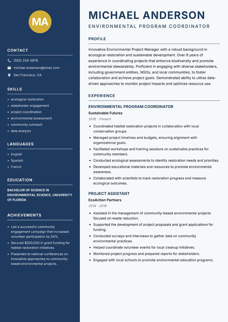 Environmental Project Manager resume template — Classic Clean