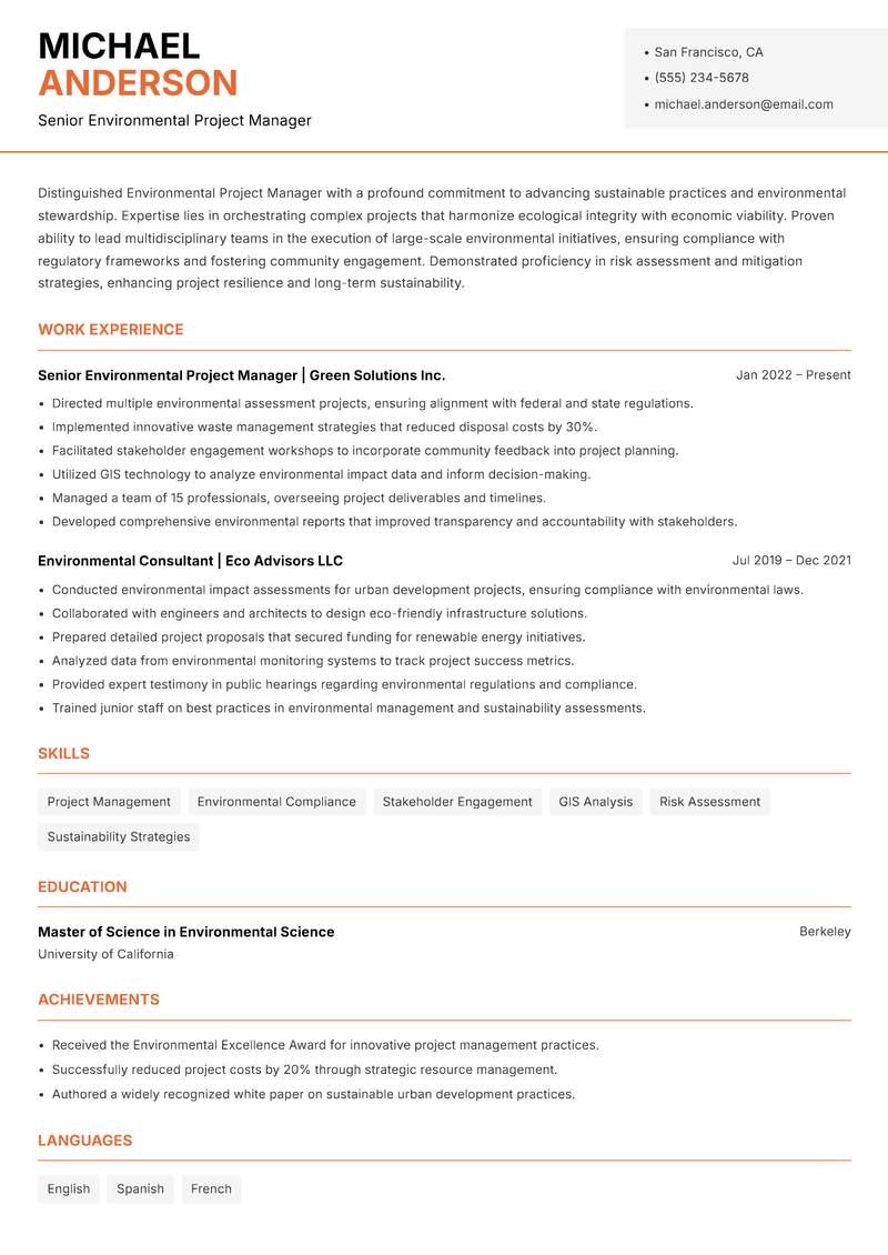 Environmental Project Manager resume template — Modern Professional