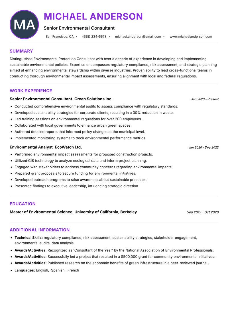 Environmental Protection Consultant resume example — ATS-friendly template