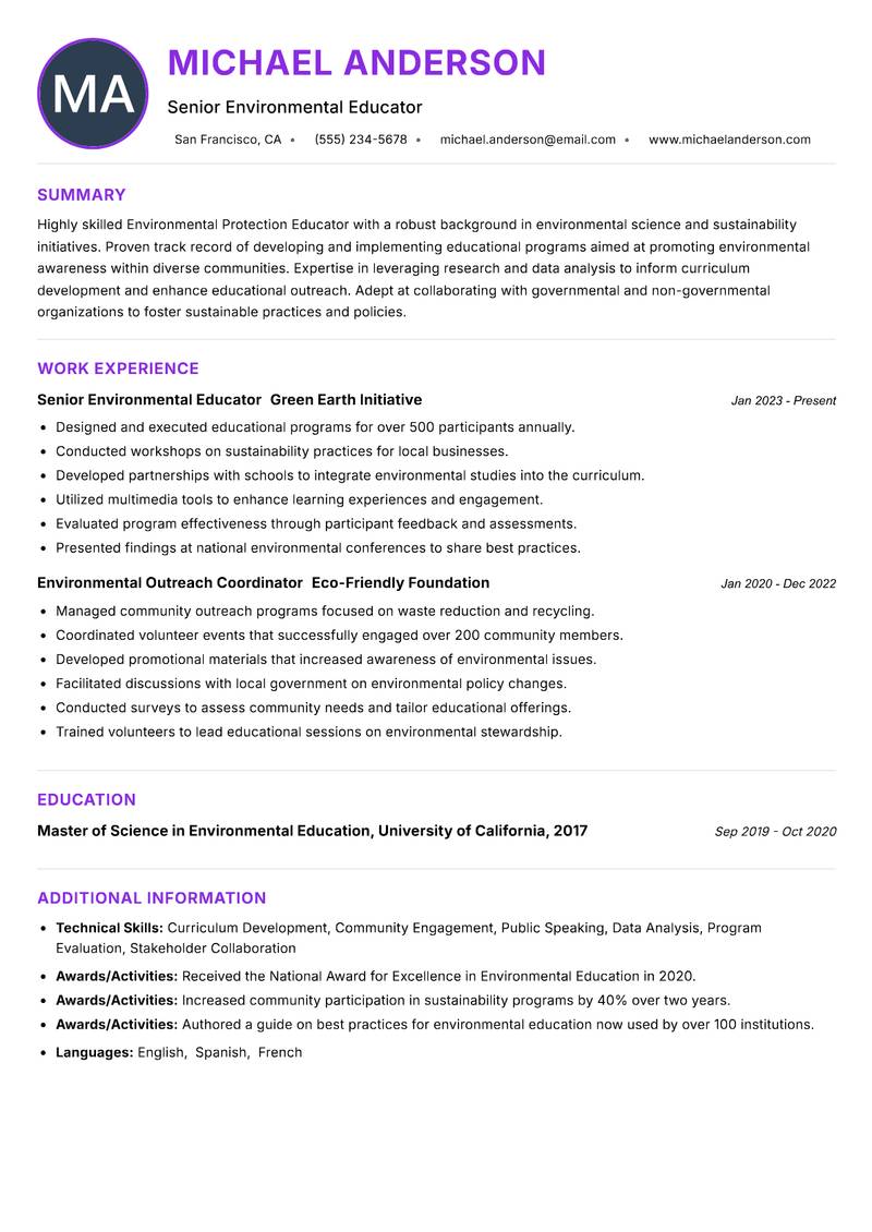 Environmental Protection Educator resume example — ATS-friendly template