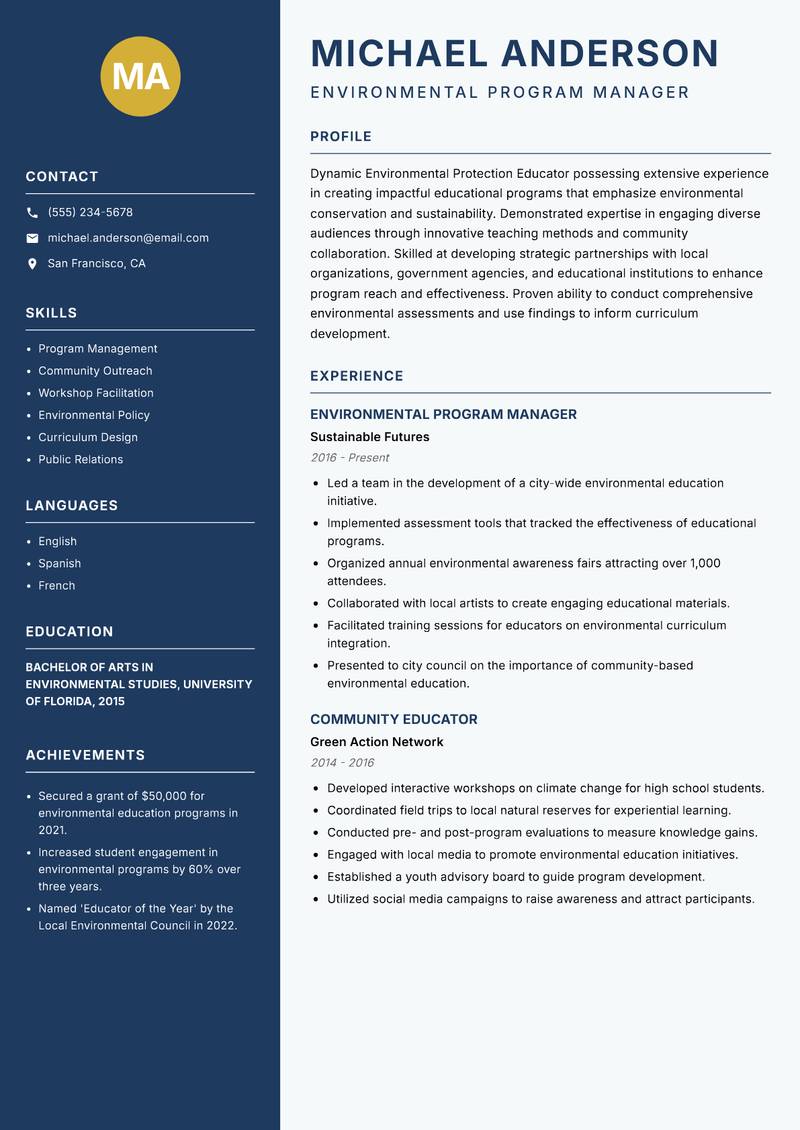 Environmental Protection Educator resume template — Classic Clean