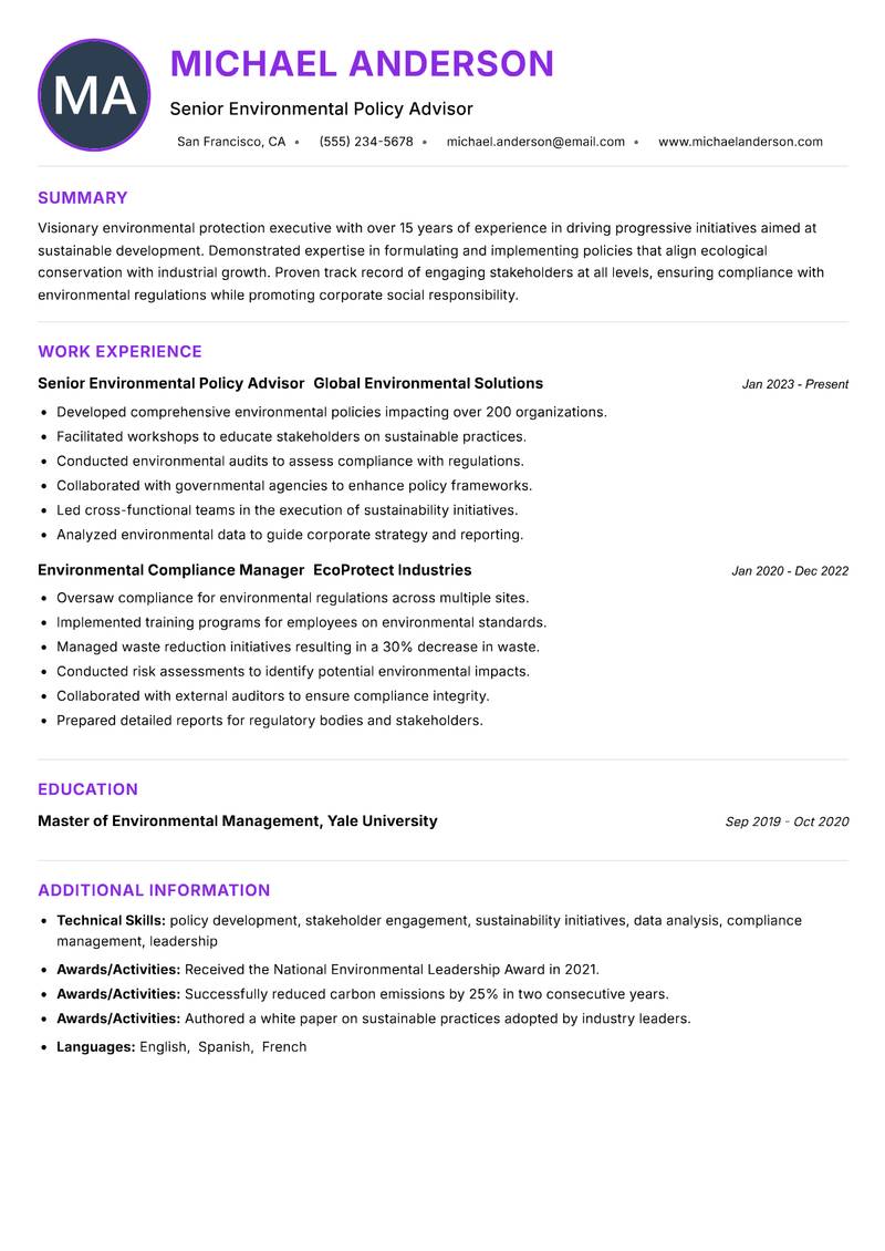 Environmental Protection Executive resume example — ATS-friendly template