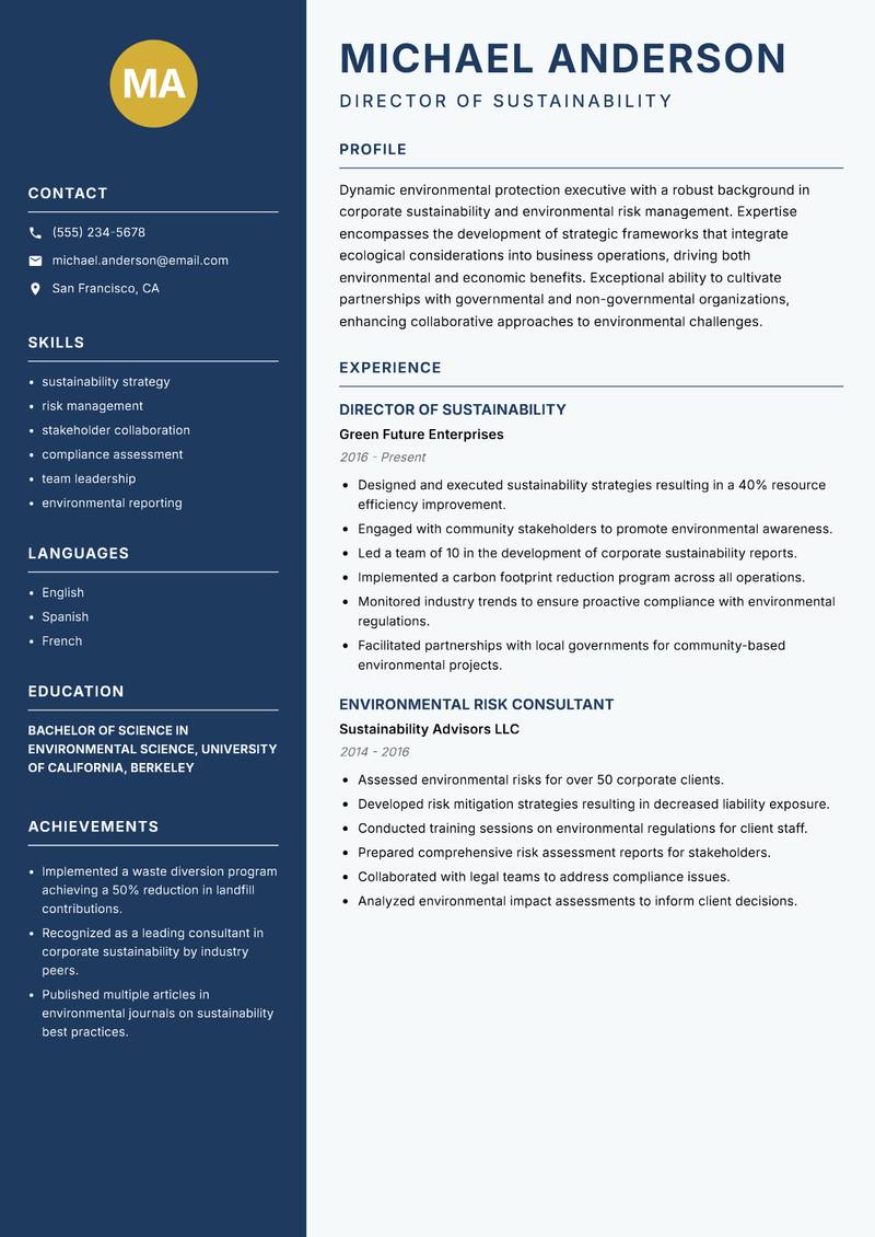 Environmental Protection Executive resume template — Classic Clean