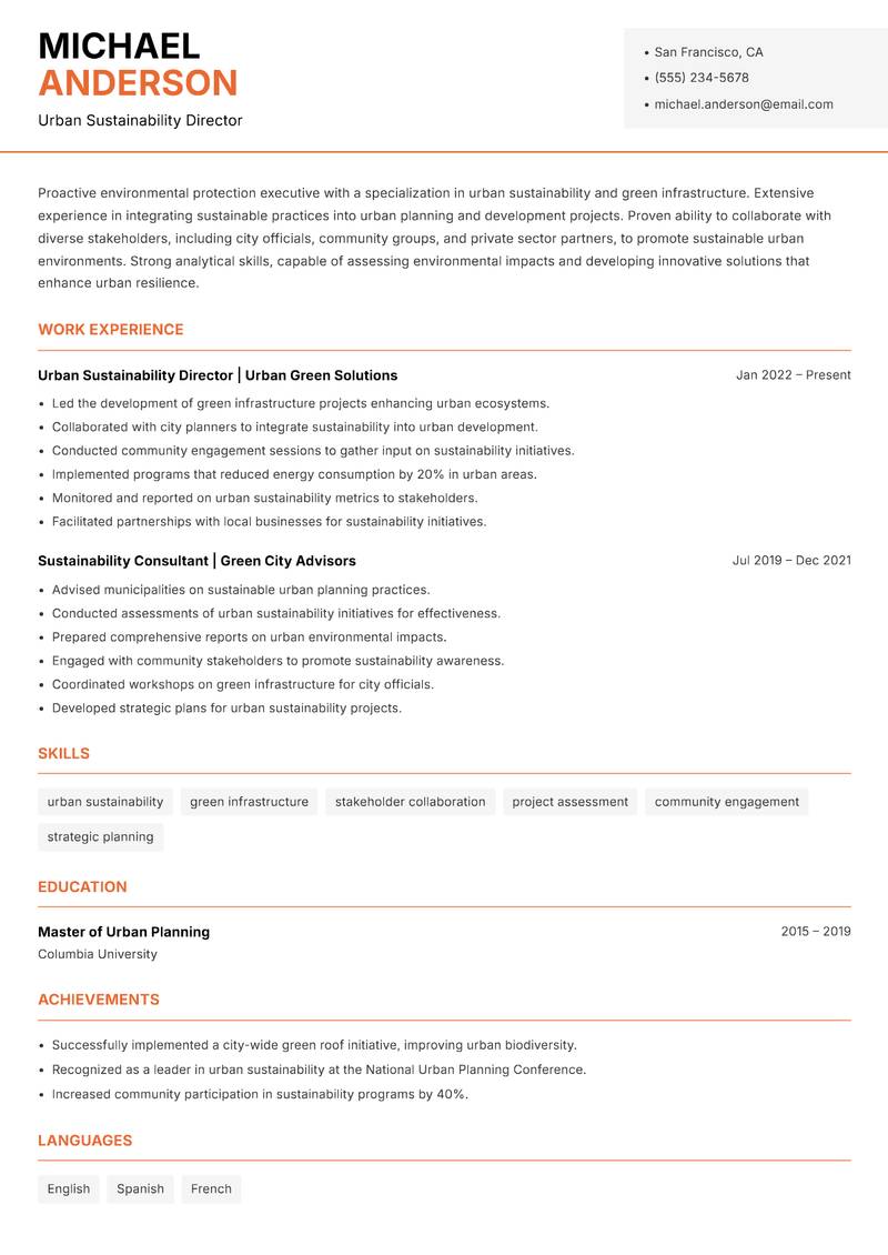 Environmental Protection Executive resume template — Modern Professional