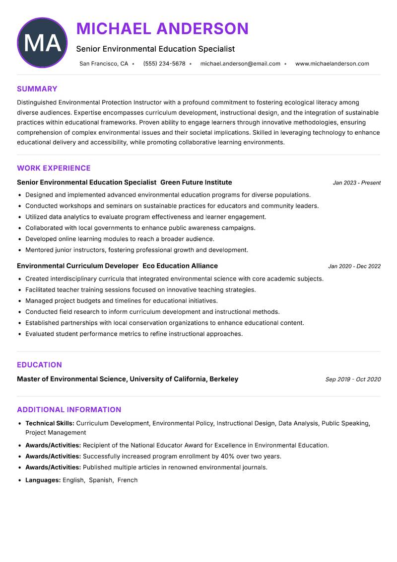 Environmental Protection Instructor resume example — ATS-friendly template