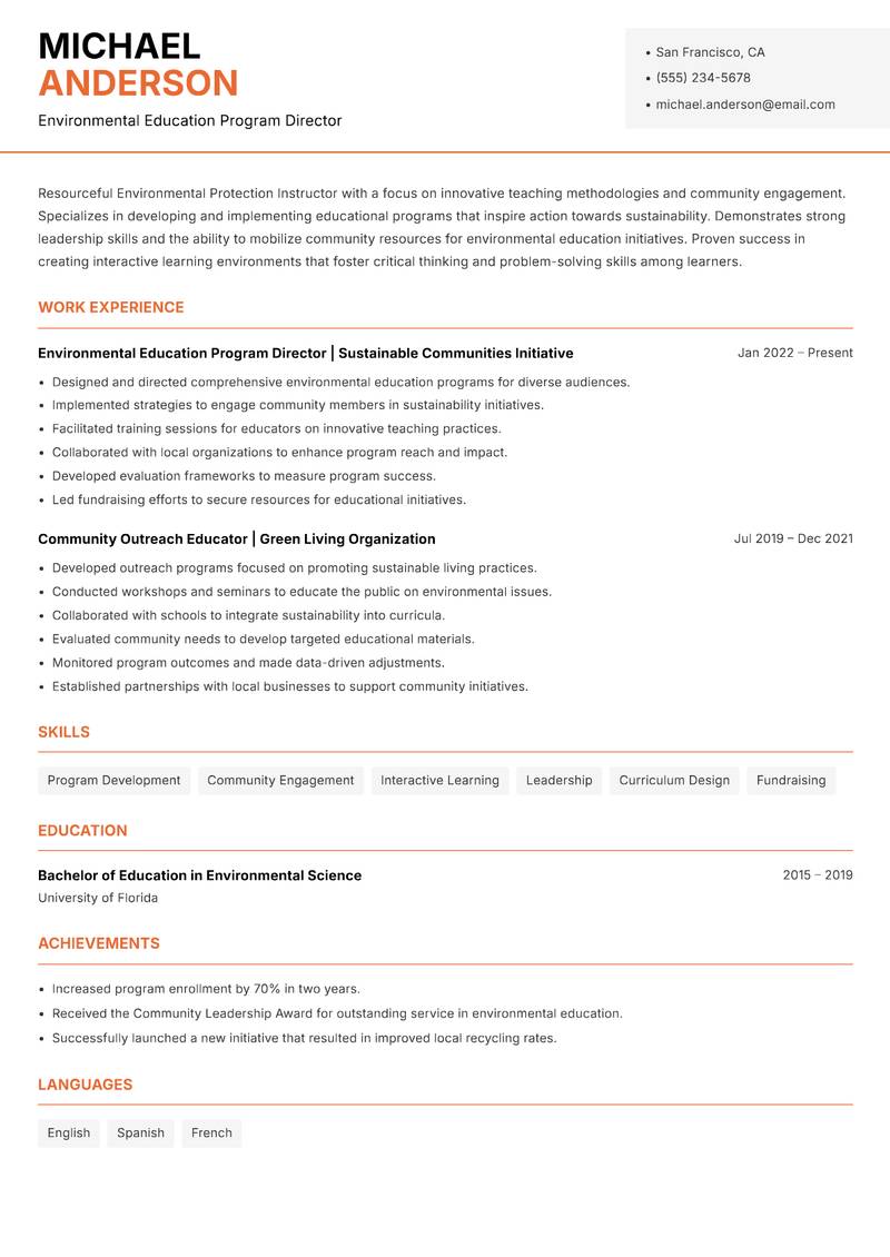 Environmental Protection Instructor resume template — Modern Professional