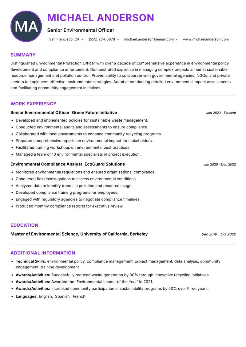 Environmental Protection Officer resume example — ATS-friendly template