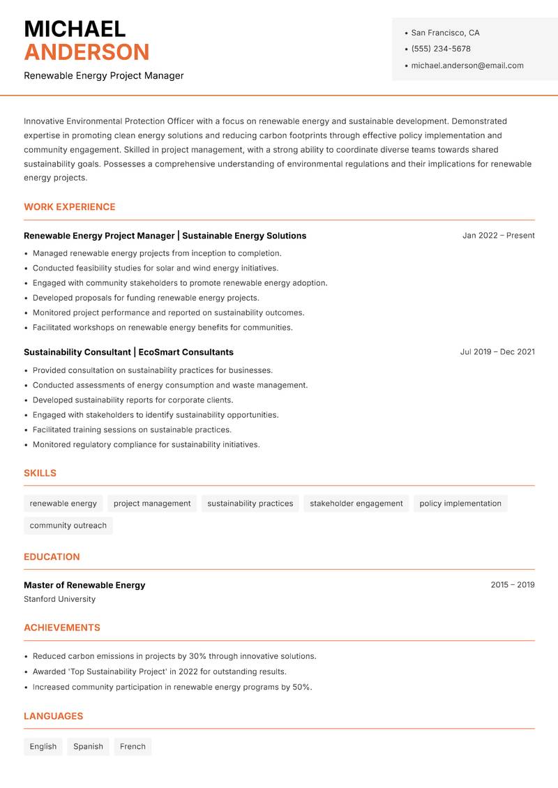 Environmental Protection Officer resume template — Modern Professional
