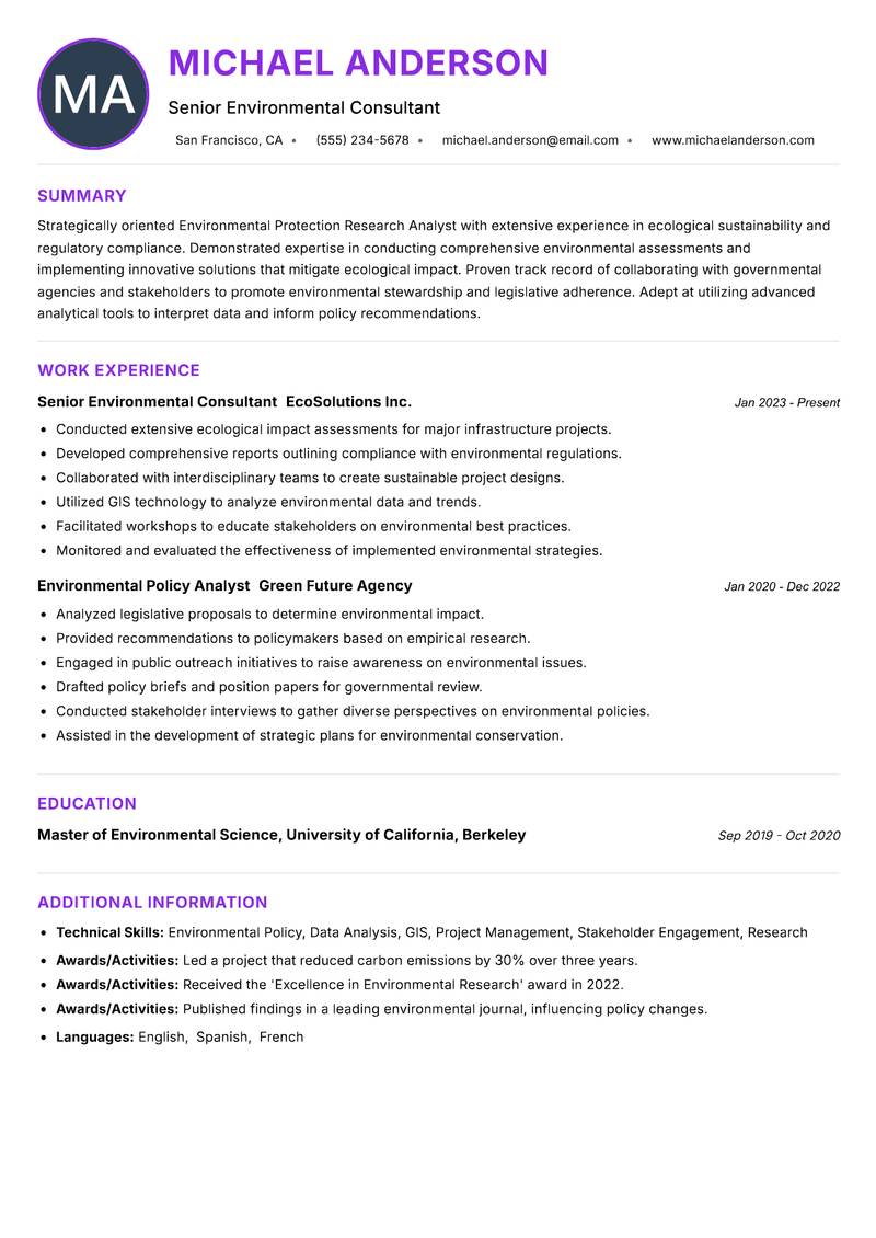 Environmental Protection Research Analyst resume example — ATS-friendly template