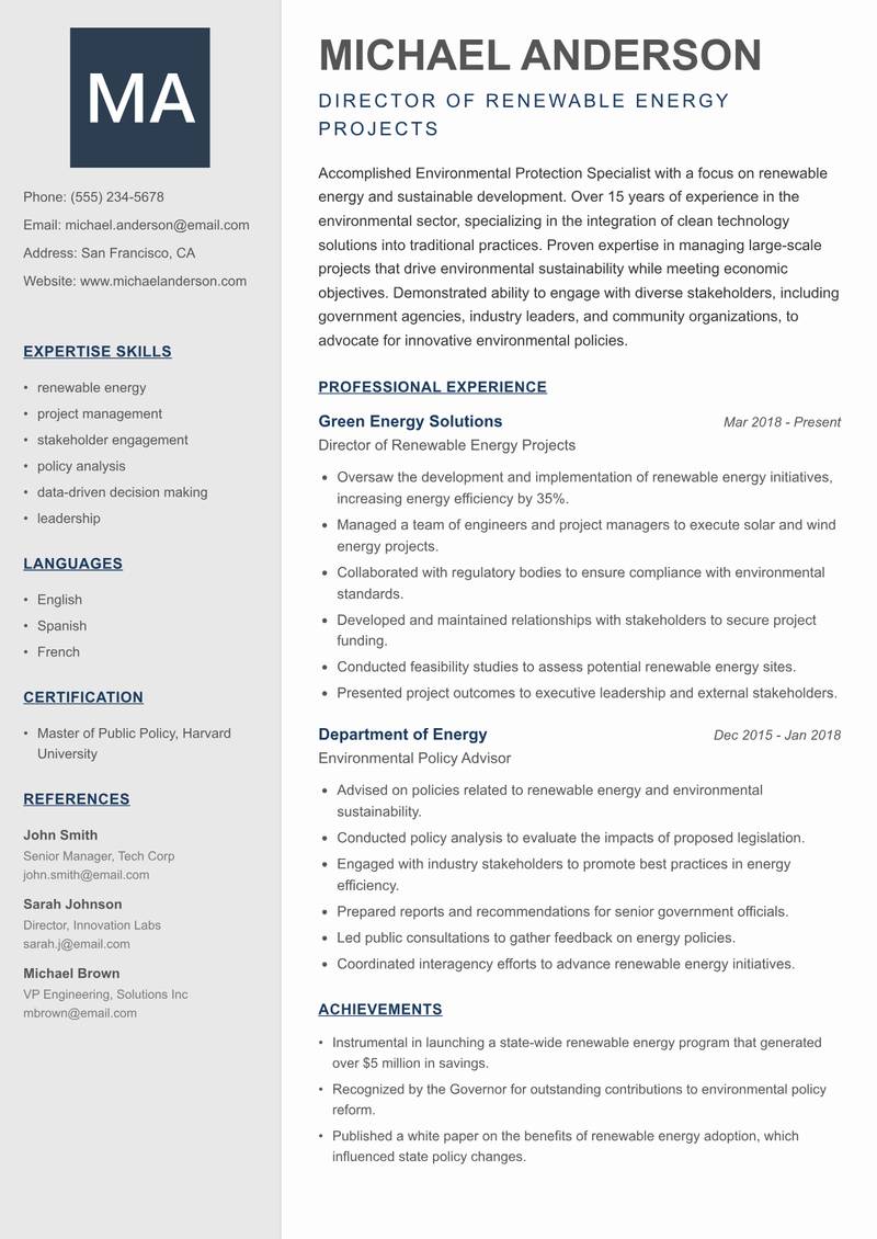 Environmental Protection Specialist resume template — Creative Minimal