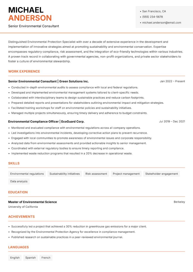 Environmental Protection Specialist resume template — Modern Professional