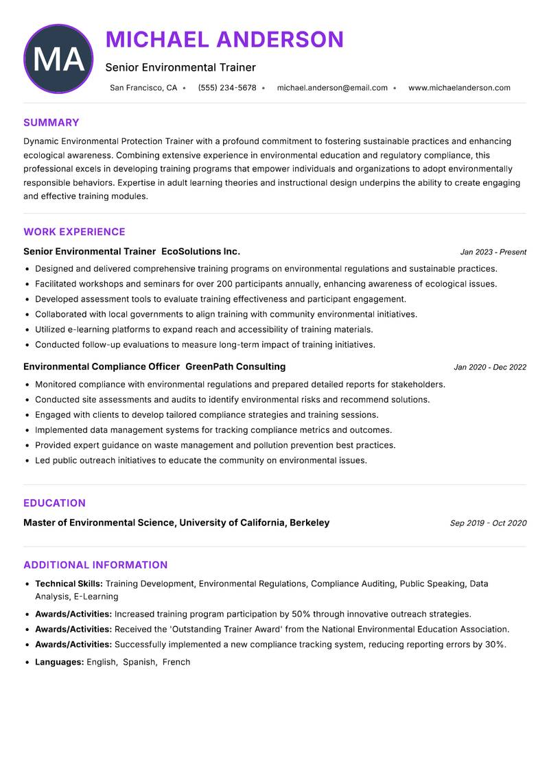 Environmental Protection Trainer resume example — ATS-friendly template