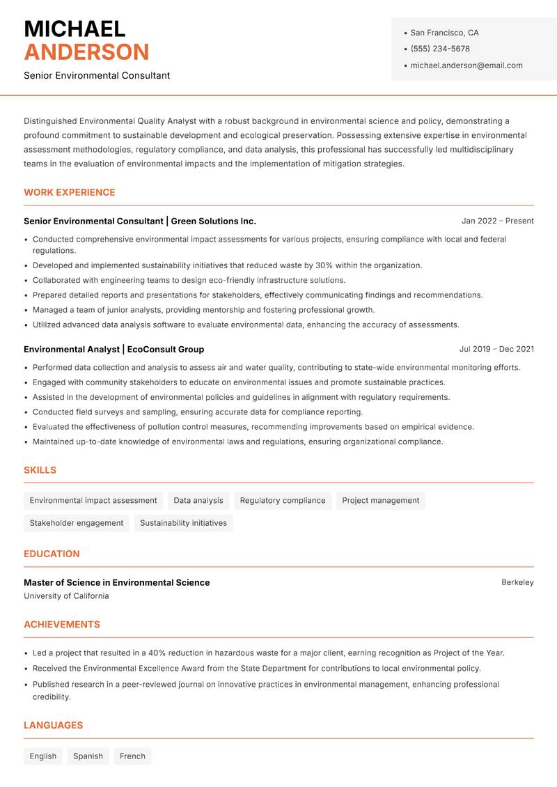 Environmental Quality Analyst resume template — Modern Professional