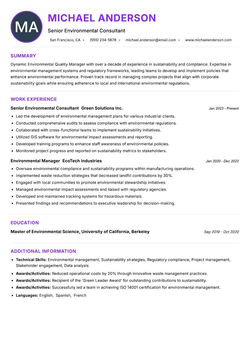 Environmental Quality Manager resume example — ATS-friendly template