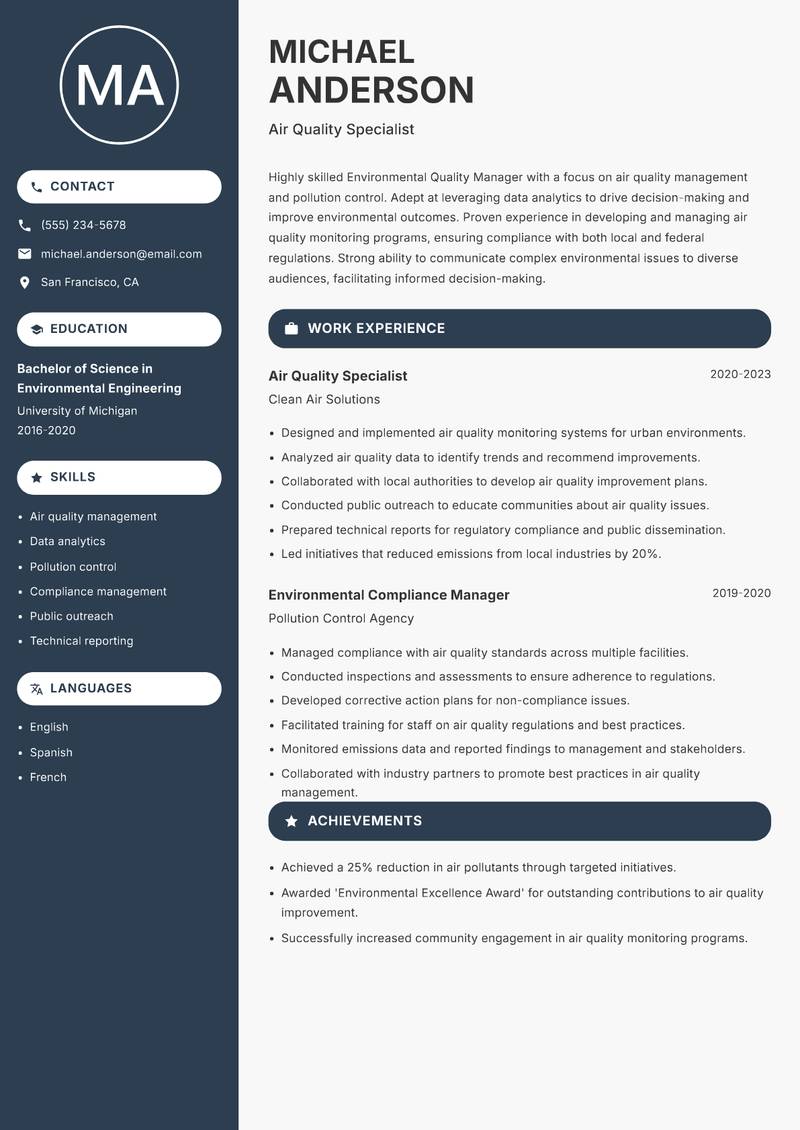 Environmental Quality Manager resume template — Compact