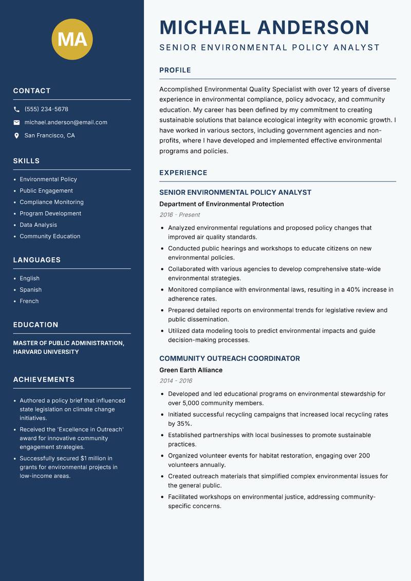 Environmental Quality Specialist resume template — Classic Clean