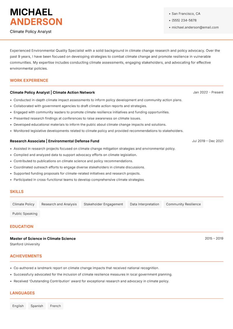Environmental Quality Specialist resume template — Modern Professional