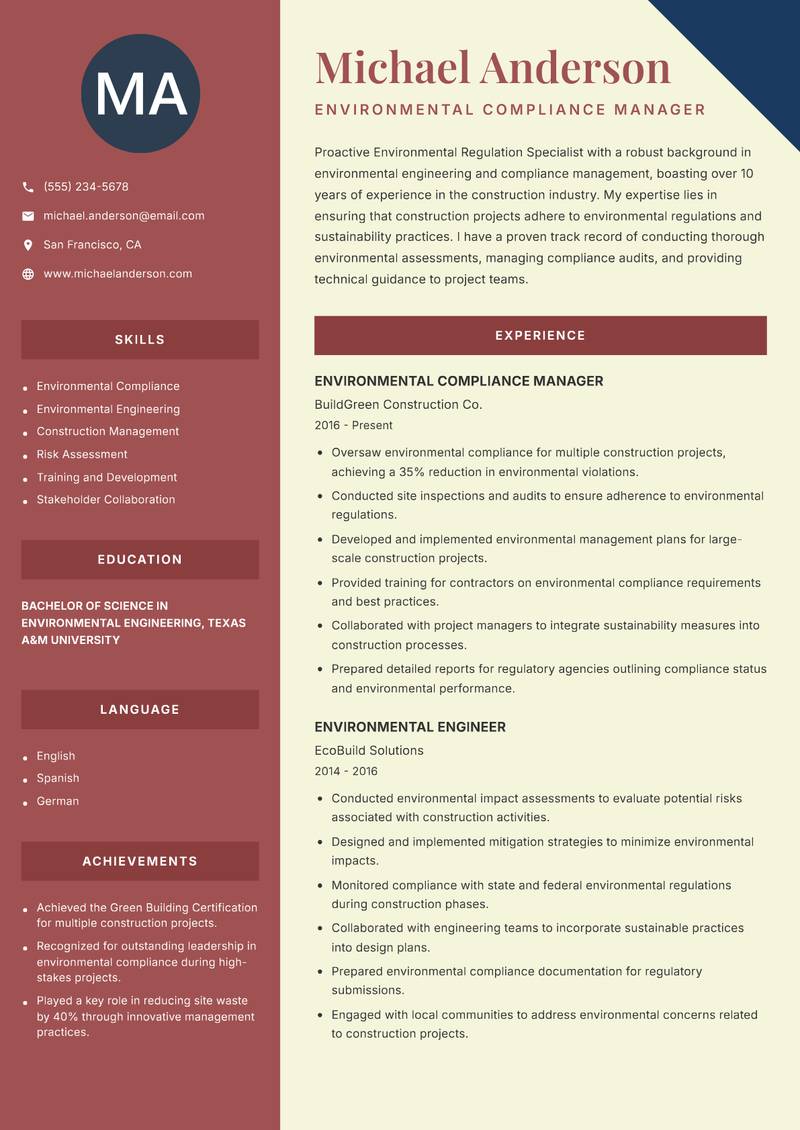 Environmental Regulation Specialist resume template — Two Column
