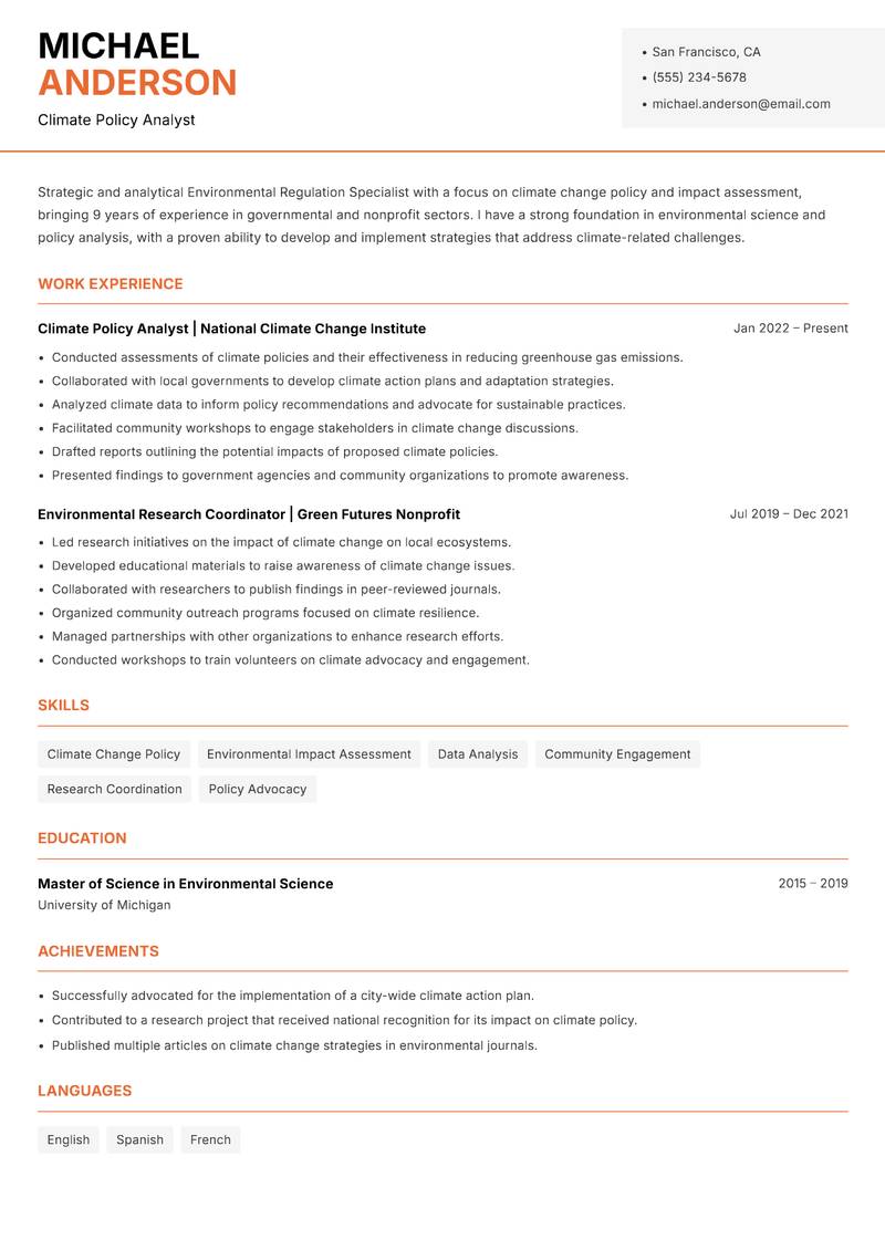 Environmental Regulation Specialist resume template — Modern Professional