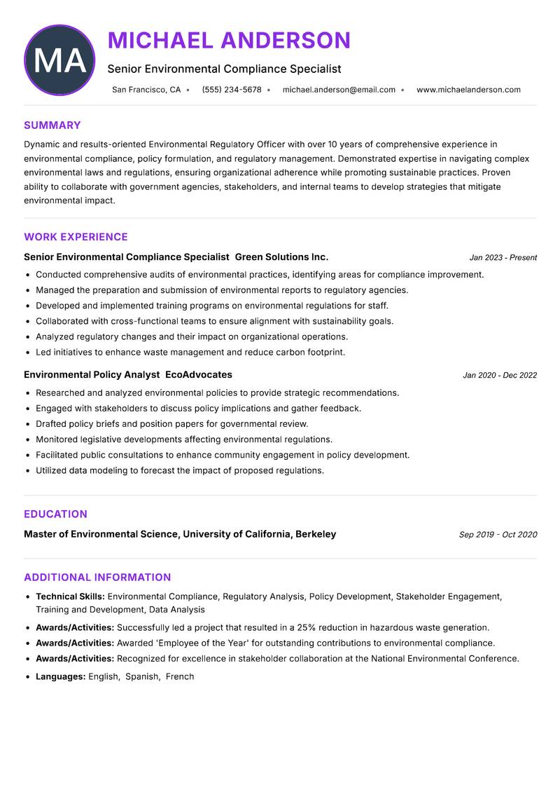 Environmental Regulatory Officer resume example — ATS-friendly template