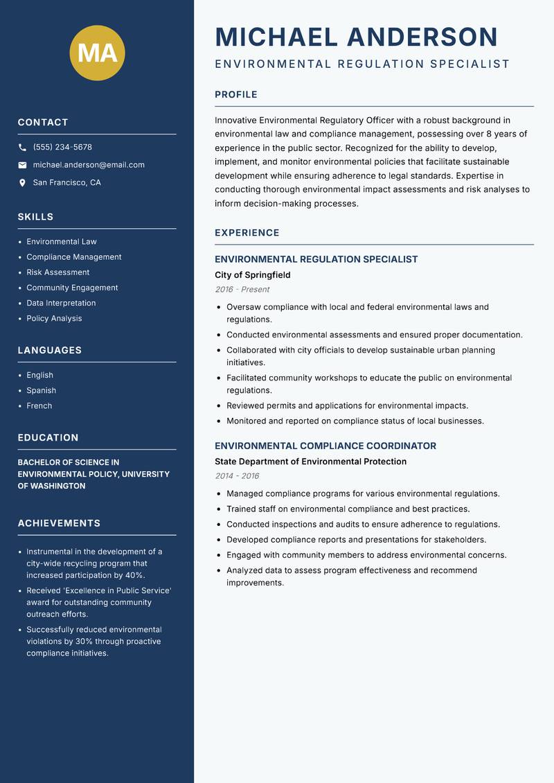 Environmental Regulatory Officer resume template — Classic Clean
